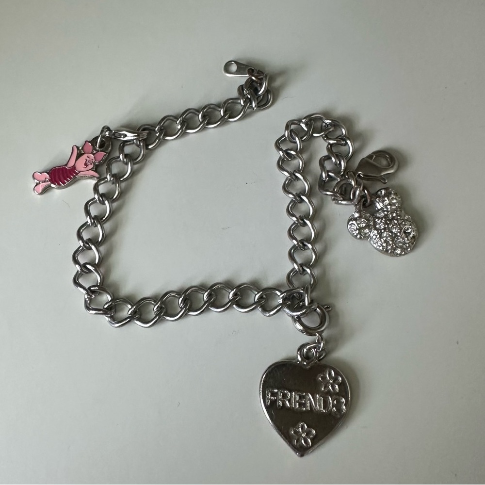 Disney Charm Bracelet Silver-Tone w Piglet Mickey Friends